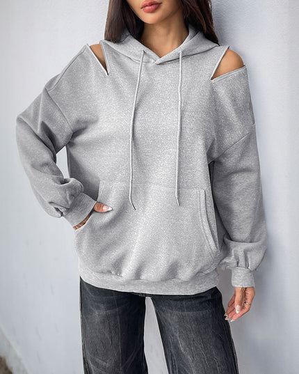 European And American Long Sleeve Drawstring Hooded Pullover Sweater Women's Solid Color High Grade Gray
