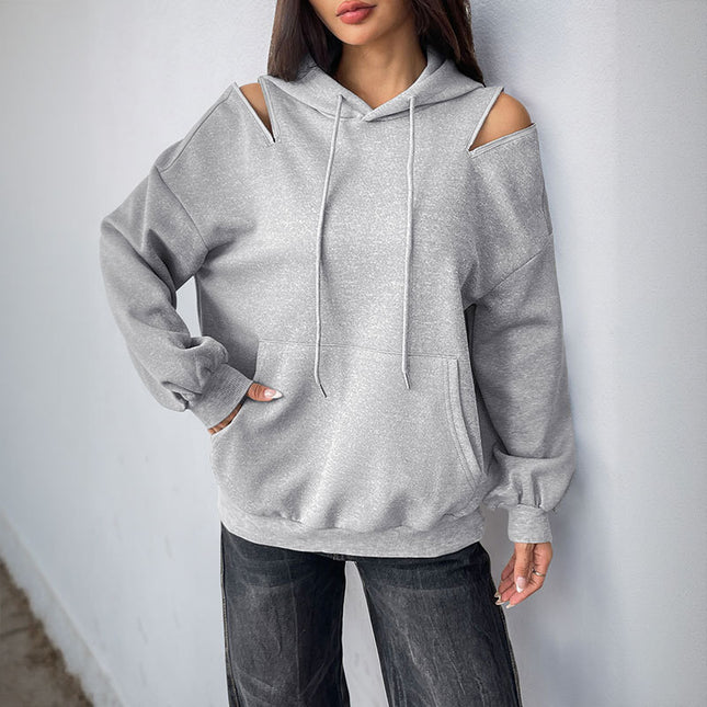 European And American Long Sleeve Drawstring Hooded Pullover Sweater Women's Solid Color High Grade Gray