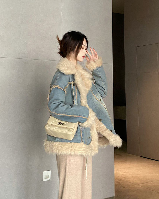 Denim Fur Collar Coat Women's Winter Hong Kong Style Vintage Top