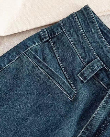 Dark Blue High Waist Drape Denim Wide Leg Pants Retro Pants Slim And Tall Stylish Straight Pants