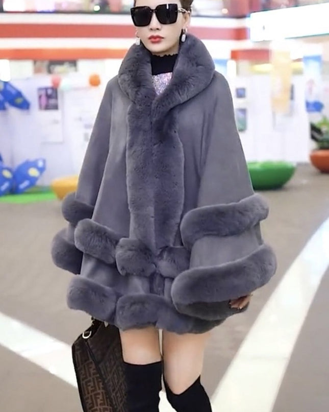 Faux Fox Fur Collar Fur Hooded Knit Cardigan Cape Cape Jacket