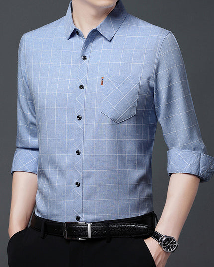 Linen-like Plaid Long-sleeved Shirt For Middle-aged Men