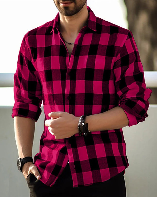 European And American Long Sleeve Loose 3D Personalized Printed Plaid Design Striped Shirt