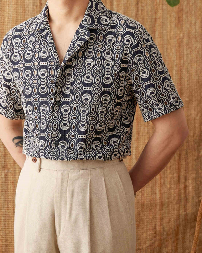 Vintage Embroidered Cotton Casual Cuban Collar Short Sleeve Printed Shirt
