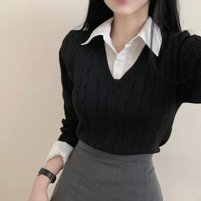 Korean Style Blouse Collar Stitching Fake Two-piece Knitted Sweaters