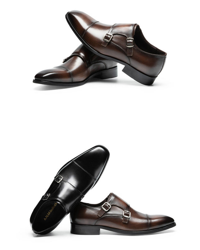 Double Buckle Design First Layer Cowhide Men's Business Leather Shoes