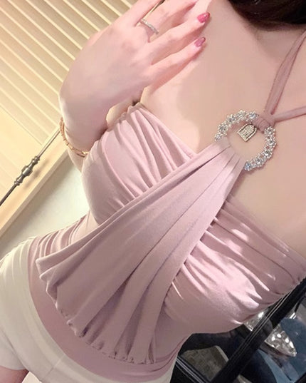 Sleeveless Cold-shoulder Pleated Halter Tube Top Top