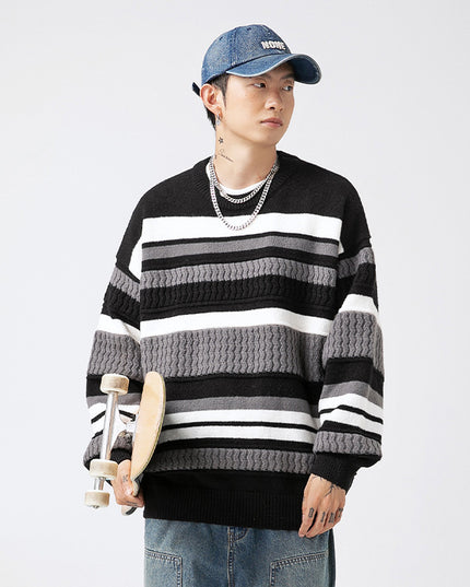 Japanese Round Neck Sweater Men's Striped Color Contrast Patchwork