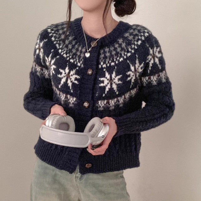 Single-breasted Contrast Color Snowflake Jacquard Long-sleeved Knitted Cardigan Sweater Coat