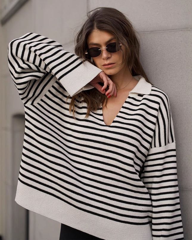 Striped Long Sleeve Loose Pullover Sweater For Women