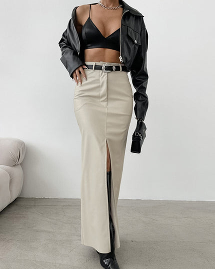 French Style Khaki PU Leather Skirt Women's Simple Split High Waist Straight Dress