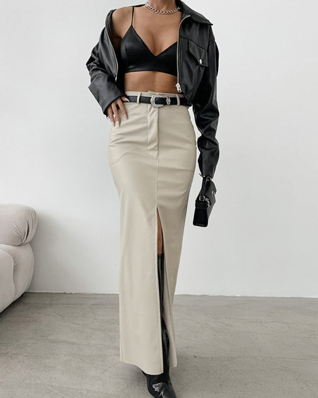 French Style Khaki PU Leather Skirt Women's Simple Split High Waist Straight Dress