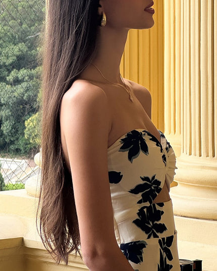 Strapless Printed Ruffle Maxi Dress