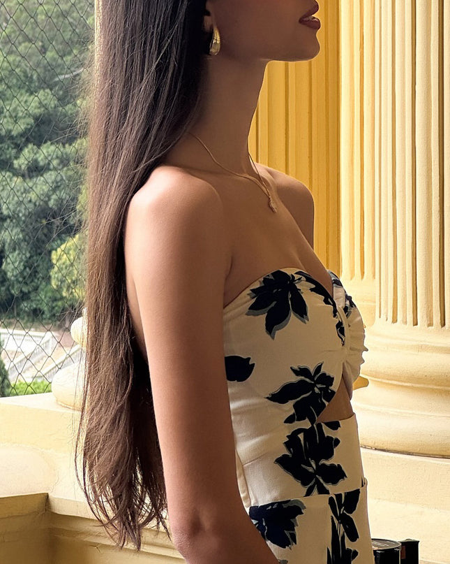 Strapless Printed Ruffle Maxi Dress