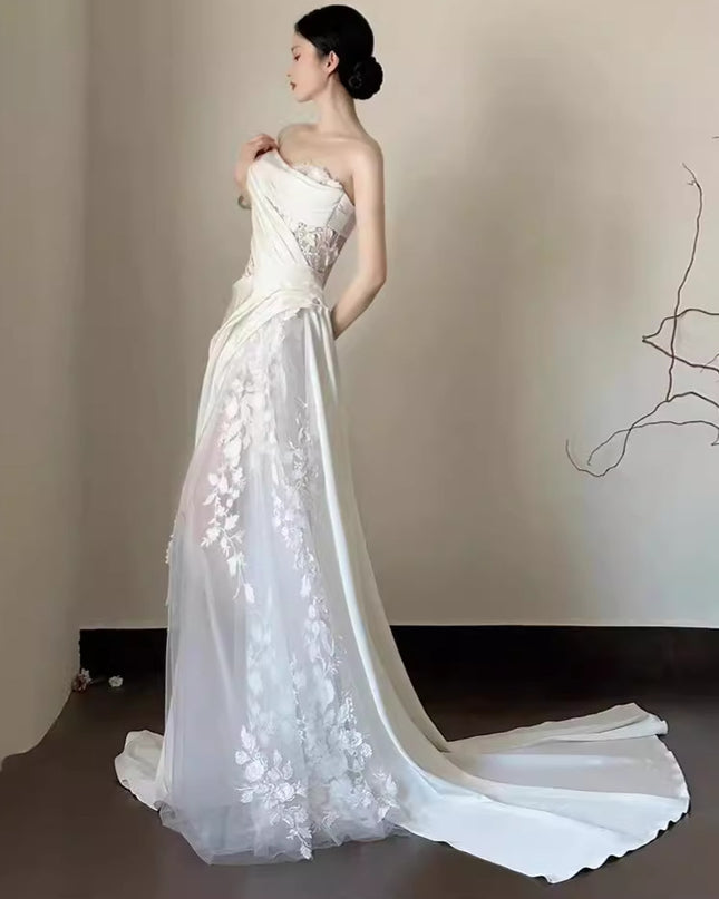 Satin Lace Wedding Veil Tube Top Fishtail Wedding Dress