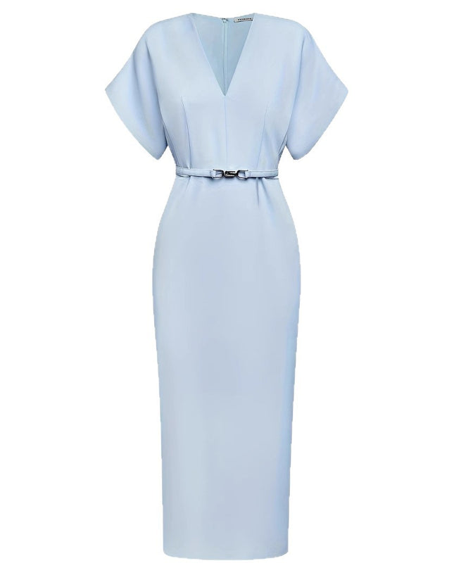 Elegant Classic V-neck Slim-fit Mid-length With Belt Dress