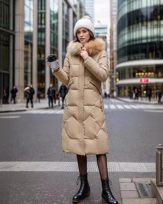 Slim Fit Below The Knee Cotton Coat Big Fur Collar Thickened Padded Jacket