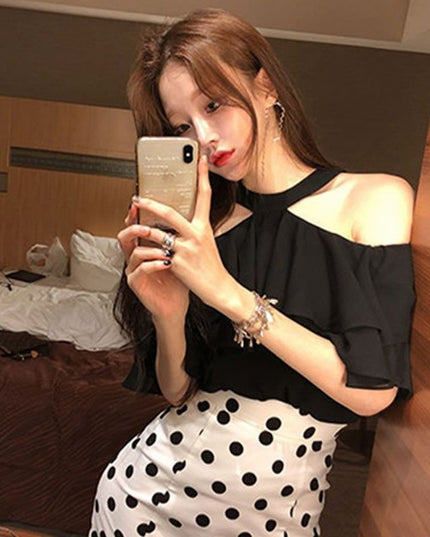 Summer New Elegant Halter Off-shoulder Ruffled Off-the-shoulder Top