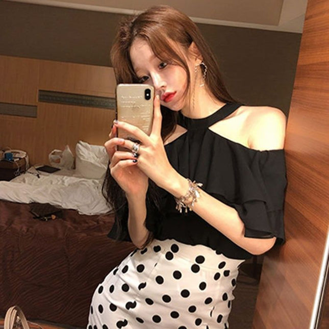 Summer New Elegant Halter Off-shoulder Ruffled Off-the-shoulder Top
