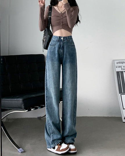 Draping Effect Wide Leg Jeans Women's High Waist Plus Size Mop Trousers