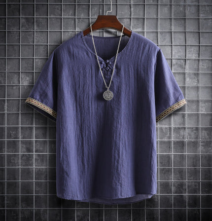 Vintage Linen V-Neck Short Sleeve T-Shirt Running Volume