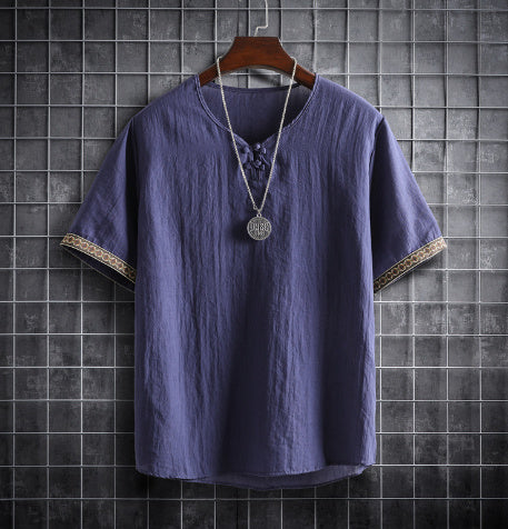 Vintage Linen V-Neck Short Sleeve T-Shirt Running Volume