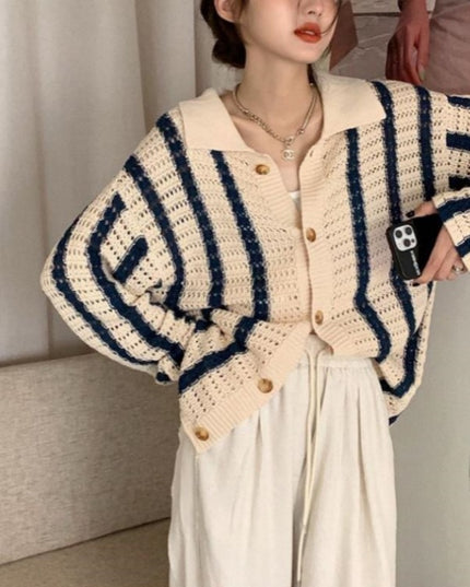 Contrast Color Loose And Lazy Style Slimming Sweater Coat Cardigan