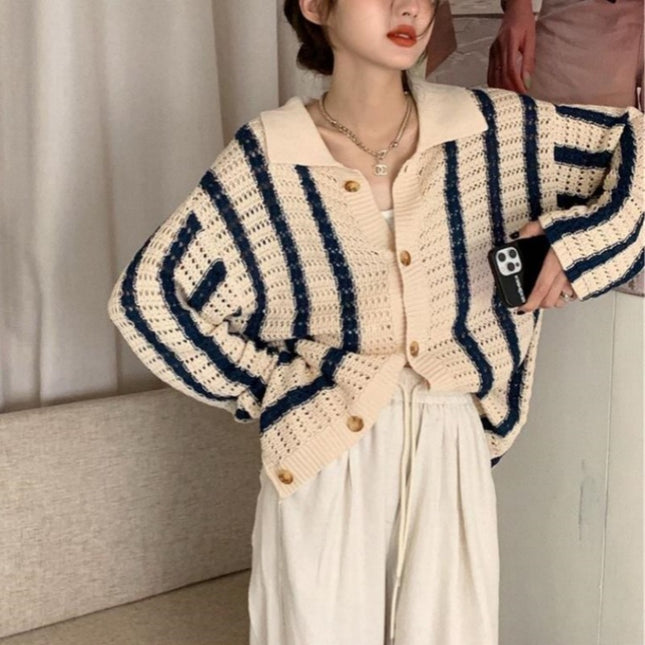 Contrast Color Loose And Lazy Style Slimming Sweater Coat Cardigan