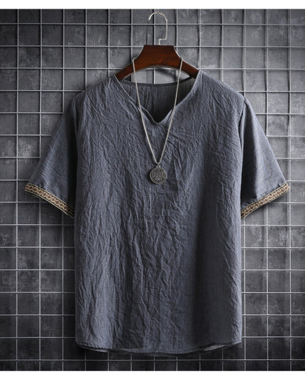 Vintage Linen V-Neck Short Sleeve T-Shirt Running Volume