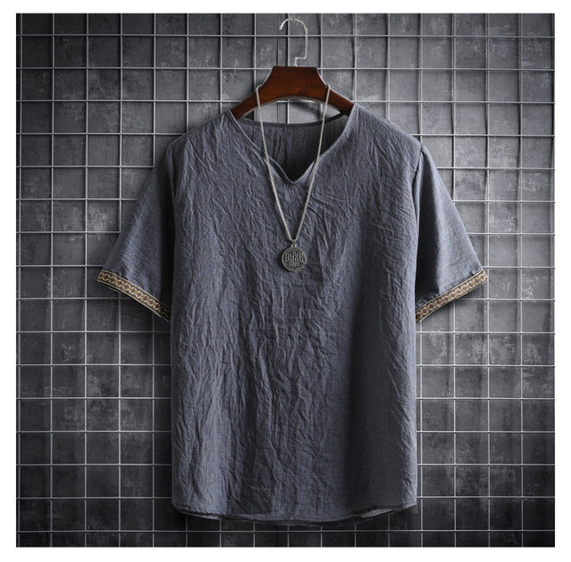 Vintage Linen V-Neck Short Sleeve T-Shirt Running Volume