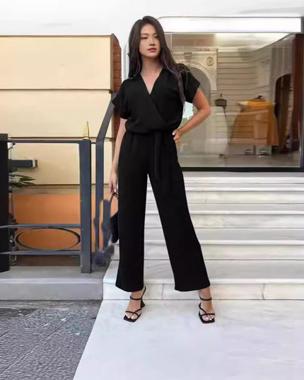 Women's Short-sleeved V-neck Pocket Jumpsuit