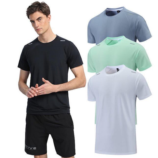 Polyester Horizontal Grid Leisure Sports Quick-drying Breathable T-shirt