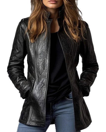Women's Stand Collar Long Sleeve Distressed Fashion Leather Jacket Coat