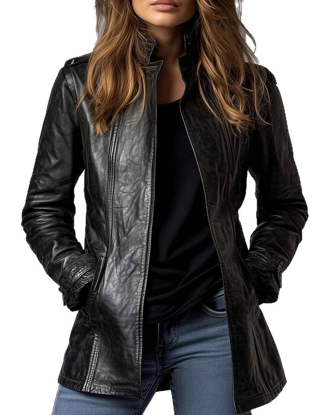 Women's Stand Collar Long Sleeve Distressed Fashion Leather Jacket Coat