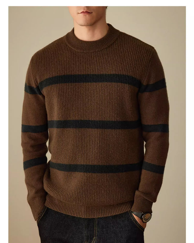 Pure Wool Men's Casual Striped Contrast Color Warm Sweater