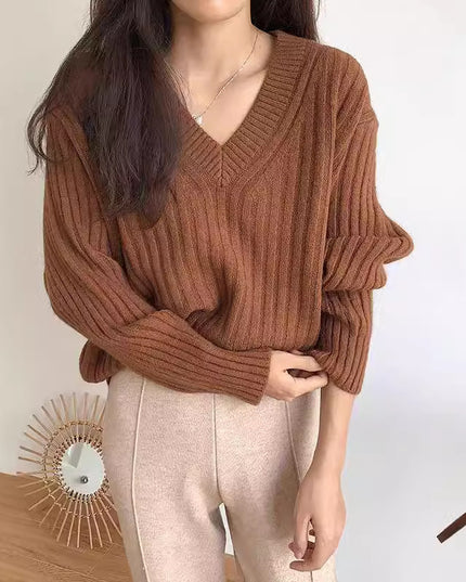 Retro V-neck Pullover Women's Loose Sweater