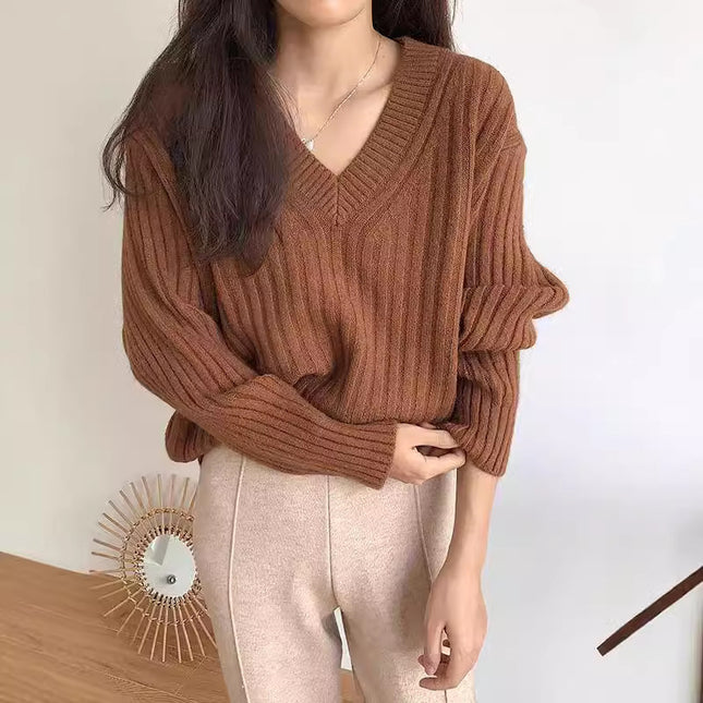 Retro V-neck Pullover Women's Loose Sweater