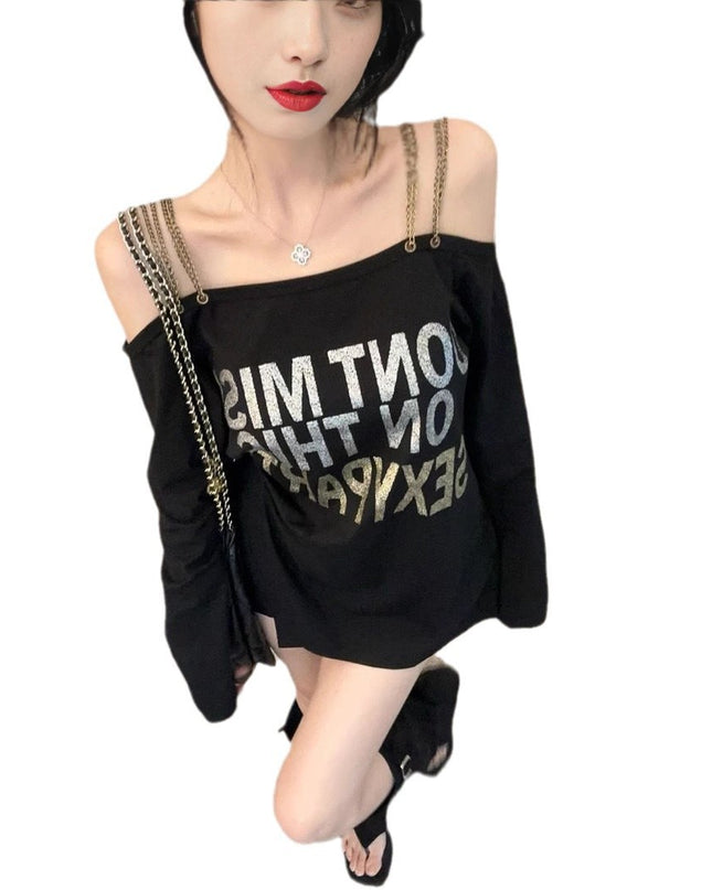 Plus Size Vintage Printed Off-the-shoulder Long Sleeve T-shirt For Women