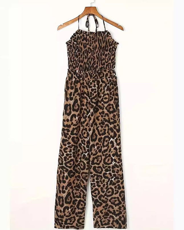 Women's Leopard Print Halter Backless Jumpsuit