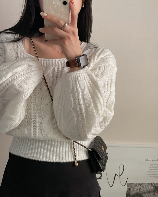 Cable-knit Sweater Lantern Sleeve Solid Color Square Collar Pullover Sweater