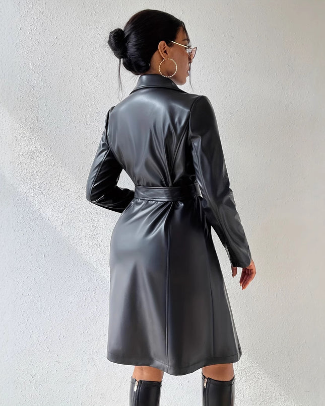 PU Long Sleeve Women's Slim Fit Long Trench Coat