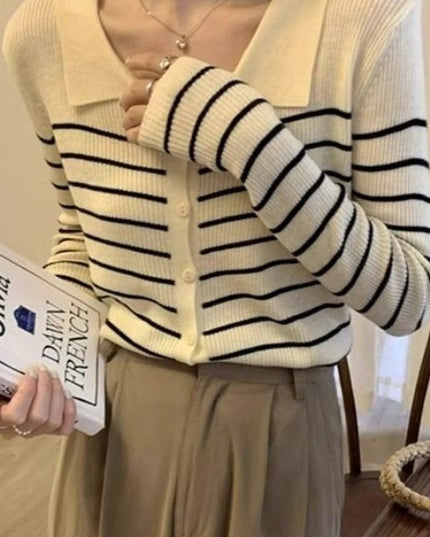 Women's Black And White Autumn Striped Sweater Top