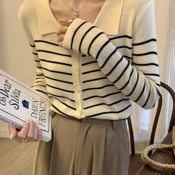 Women's Black And White Autumn Striped Sweater Top