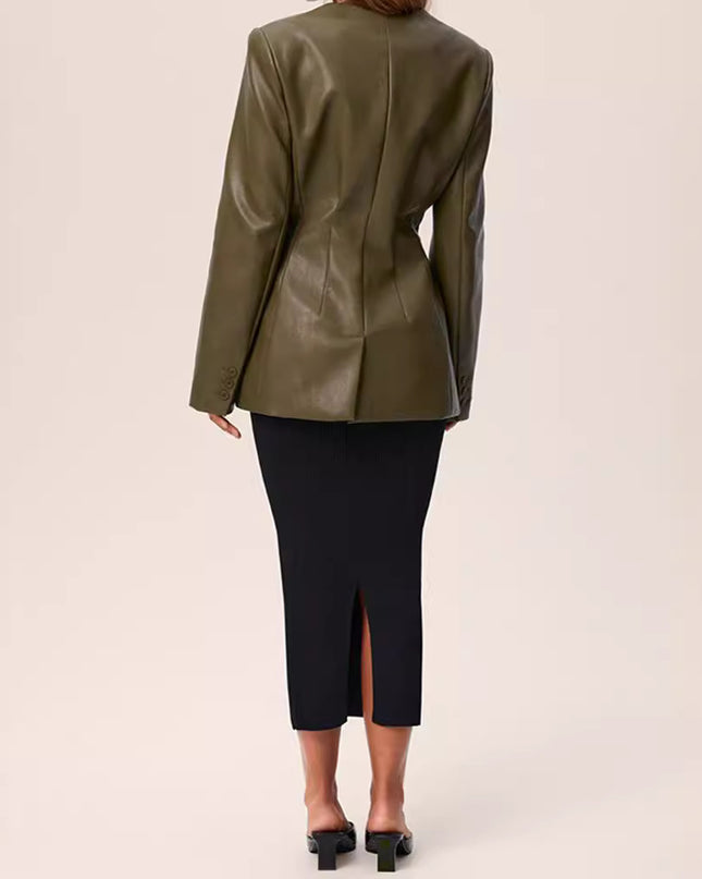 Fashionable Elegant Green V-neck Slim Suit Leather Coat