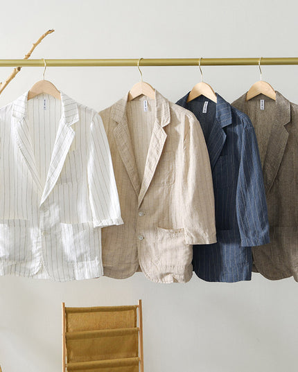 34 Sleeve Suit Jacket Men's Cotton And Linen Stripes Suit Jacket