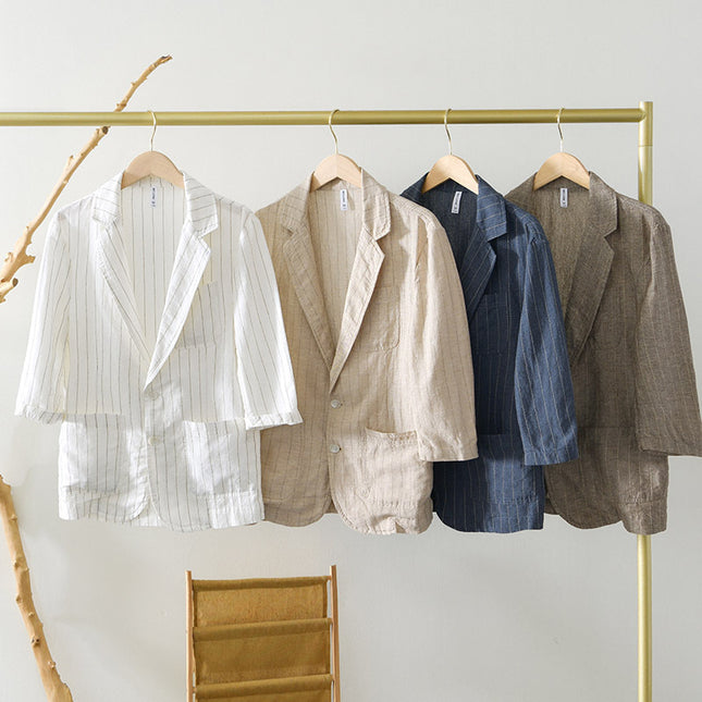 34 Sleeve Suit Jacket Men's Cotton And Linen Stripes Suit Jacket