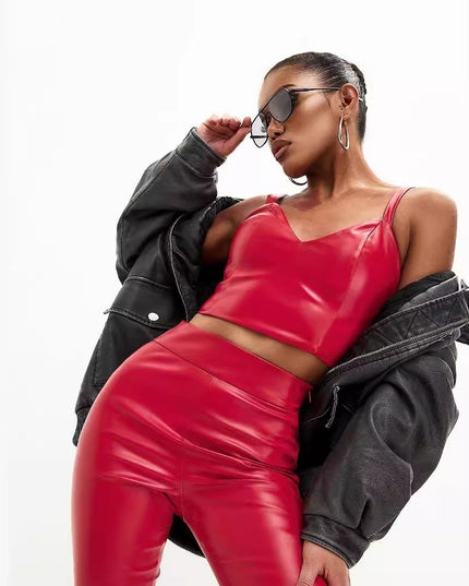 Black Glossy Flared Pants Women