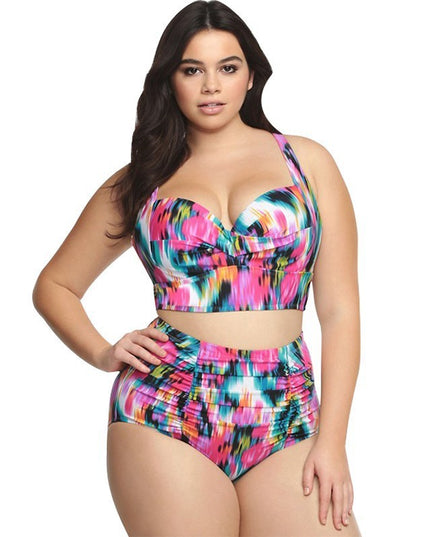 Printed Push Up Bikini Swimsuit Ladies Split High Waist Plus Size Multicolor