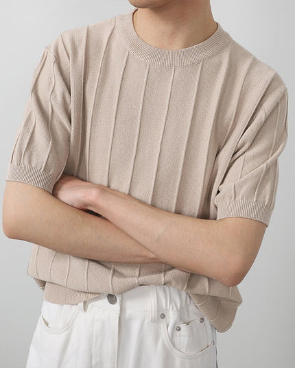 Ice Silk Knitted White Round Neck T-shirt Men's Short Sleeve