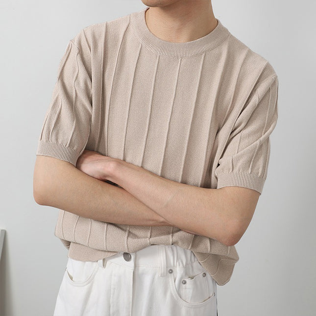 Ice Silk Knitted White Round Neck T-shirt Men's Short Sleeve